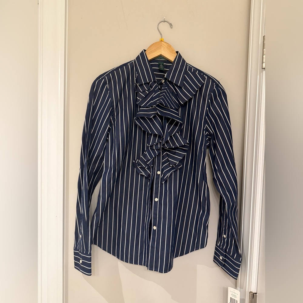 Ralph Lauren Navy Blue and White Striped Ruffle Button-Down Shirt size m - Picture 2 of 4